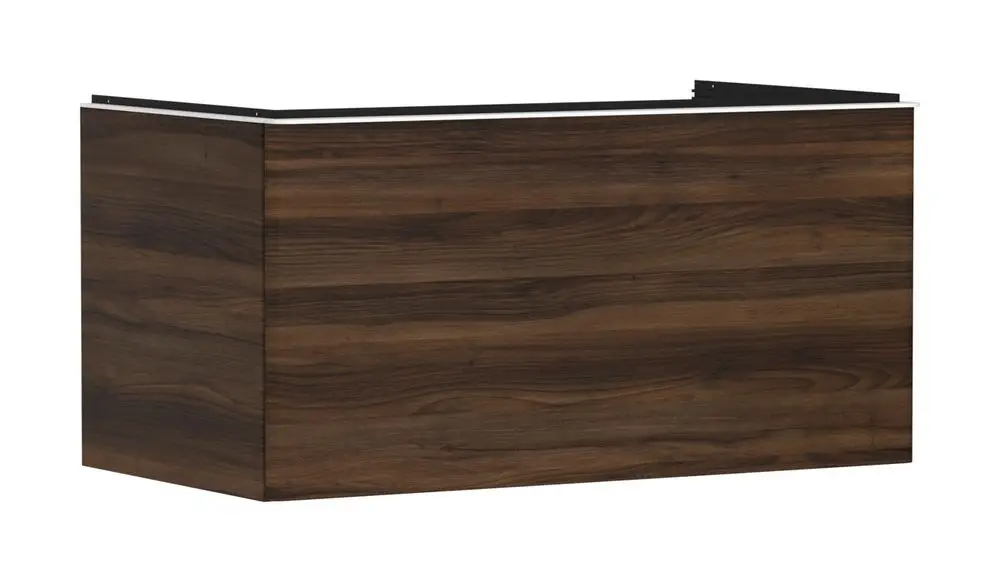 Waschtischunterschrank in dunkler Holzoptik von Hansgrohe, ausgestattet mit einem Schubkasten, bietet Platz für einen Aufsatzwaschtisch.